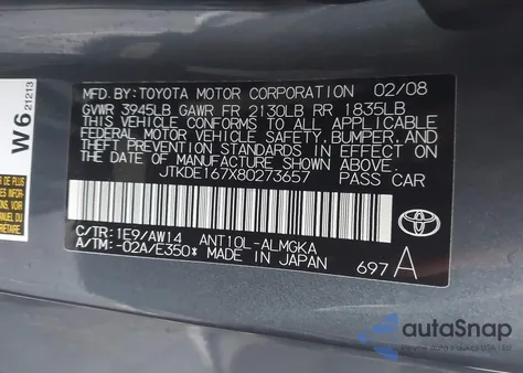 2008 Scion Tc из США, поврежденный, VIN JTKDE167X80273657